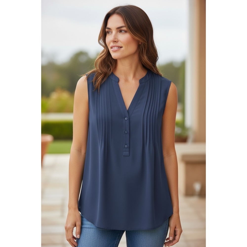 Joan Vass New‎ York Navy Blue Sleeveless V-Neck Pleated Tunic Top Size Small NWT